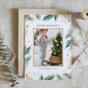 Watercolor Faux Gold Foil Pine Needles Photo Happy Holiday Card