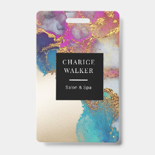 watercolor faux gold foil salon monogram name ID badge