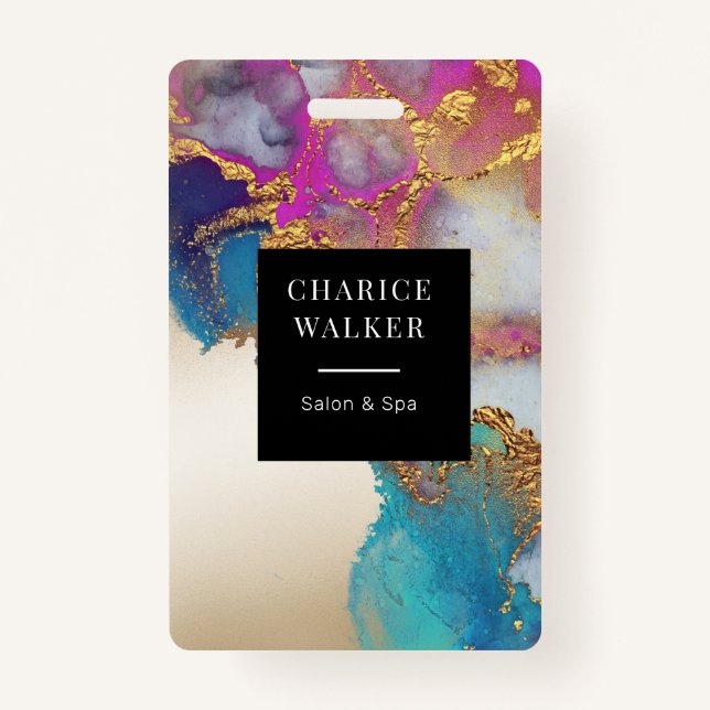 watercolor faux gold foil salon monogram name ID badge (Front)