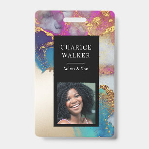 watercolor faux gold foil salon photo name ID badge