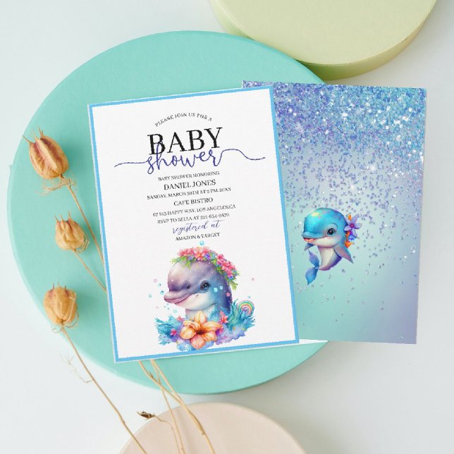  Watercolor fcute dolphin baby shower Invitation (Creator Uploaded)
