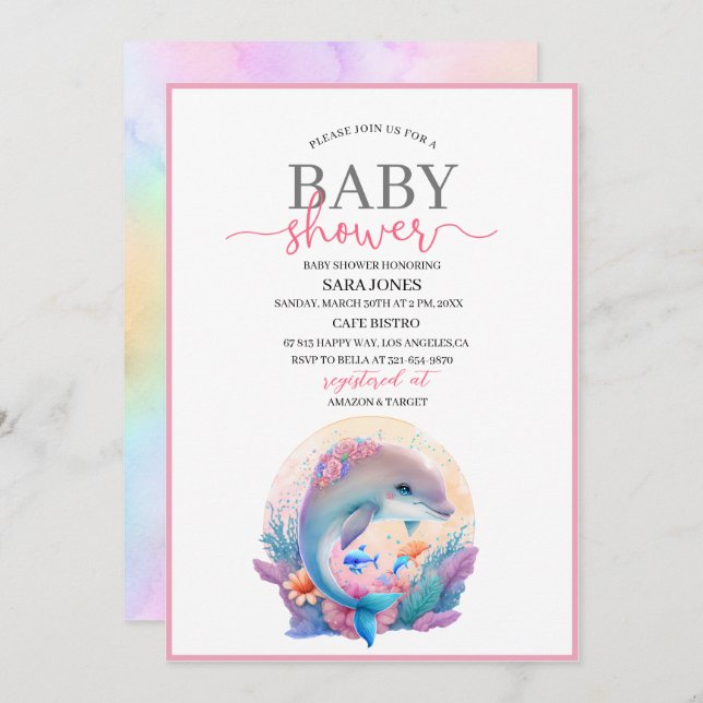  Watercolor fcute dolphin baby shower Invitation (Front/Back)