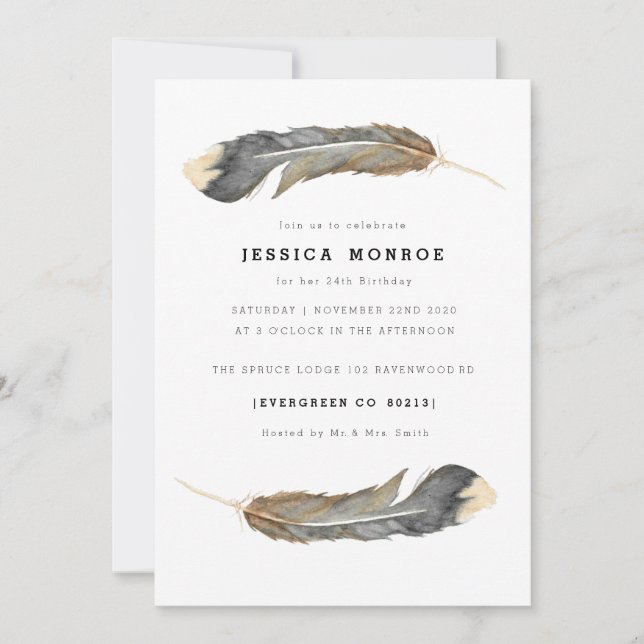 Watercolor Feather Duo Birthday Invitation (Front)