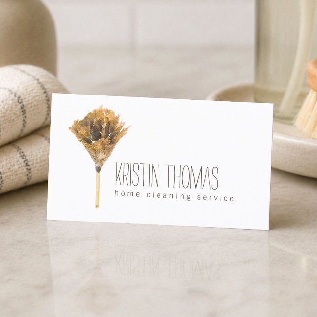 Watercolor Feather Duster Home Cleaning Service Business Card (Creator Uploaded)