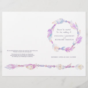 Watercolor feather purple wreath wedding programme