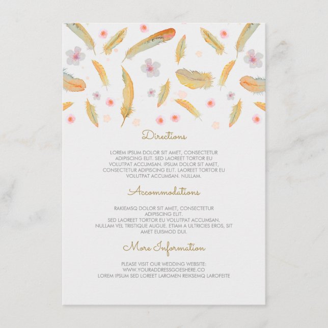 Watercolor Feathers Boho Wedding Information Enclosure Card (Front)