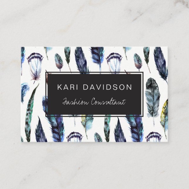 Watercolor Feathers Business Cards (Front)