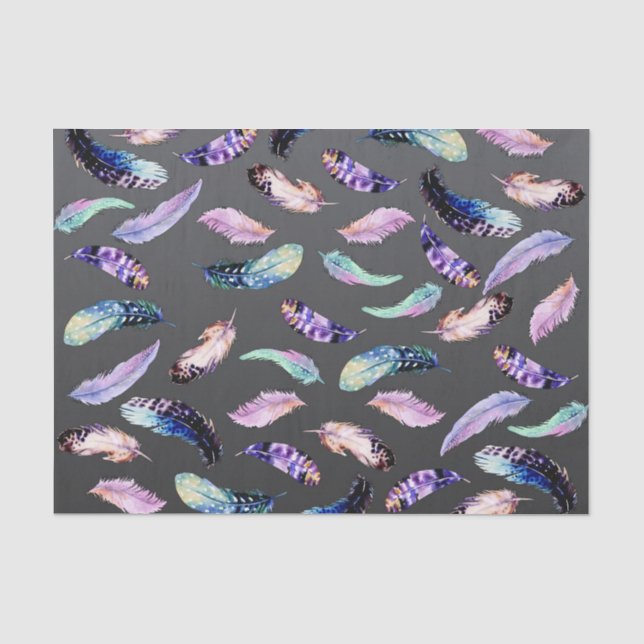 Watercolor Feathers Grey Pattern Tissue Paper (Front)