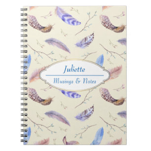 Watercolor Feathers Leaves and Branches Pattern Spiral Notebook