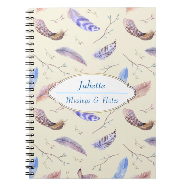 Watercolor Feathers Leaves and Branches Pattern Spiral Notebook (Front)