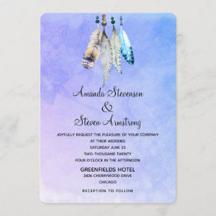 Watercolor Feathers on Bluish Purple Wedding Invitation