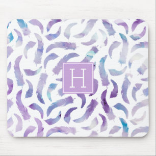 Watercolor Feathers Pattern and Monogram Mouse Pad