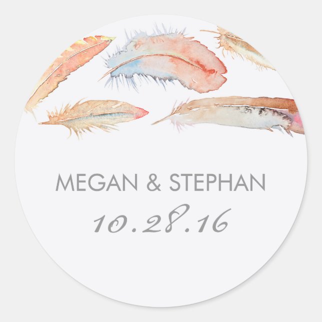 Watercolor Feathers Wedding Classic Round Sticker (Front)