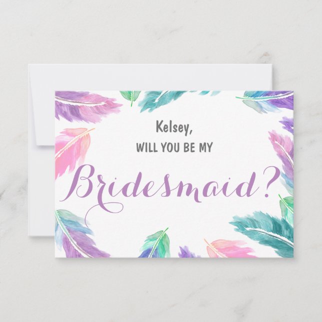 Watercolor feathers Will you be my Bridesmaid Invitation (Front)