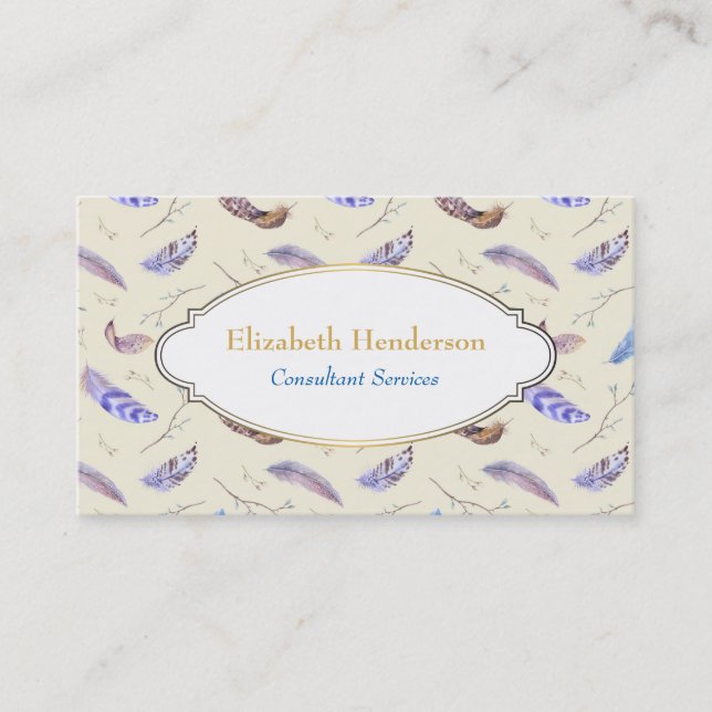 Watercolor Feathers with Fancy Oval Frame Business Card (Front)