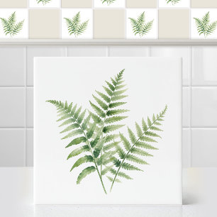 Watercolor Feathery Green Fern Fronds Forest Art Tile