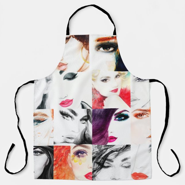 Watercolor female portrait pattern apron (Front)