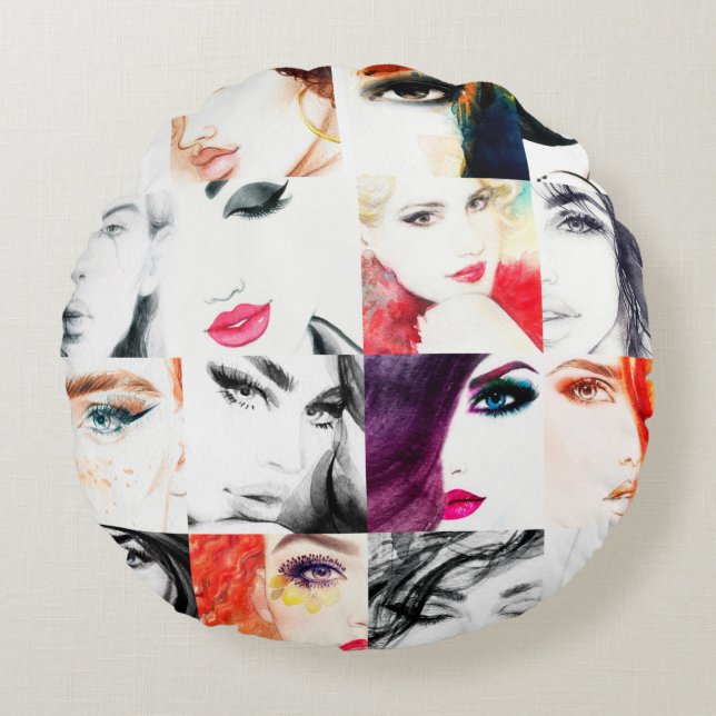 Watercolor female portrait pattern round cushion (Front)