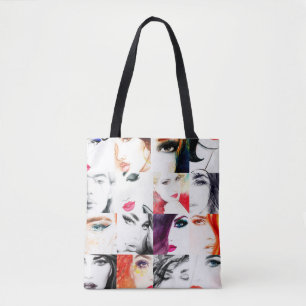 Watercolor female portrait pattern tote bag