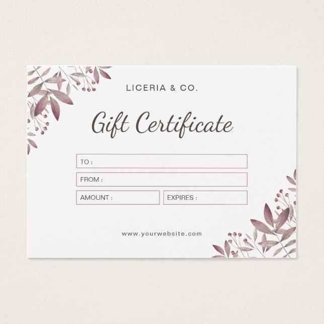 Watercolor Feminine Elegant Gift Certificate  (Front)