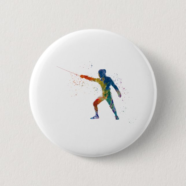 watercolor fencing 6 cm round badge (Front)