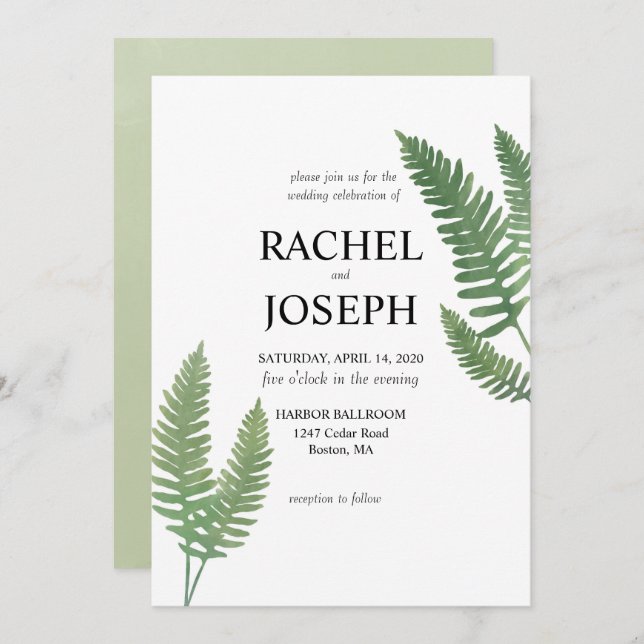Watercolor Fern Wedding Invitation (Front/Back)