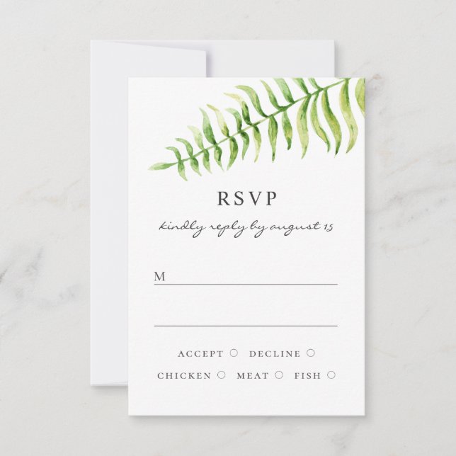 Watercolor fern wedding. Woodland floral greenery RSVP Card (Front)