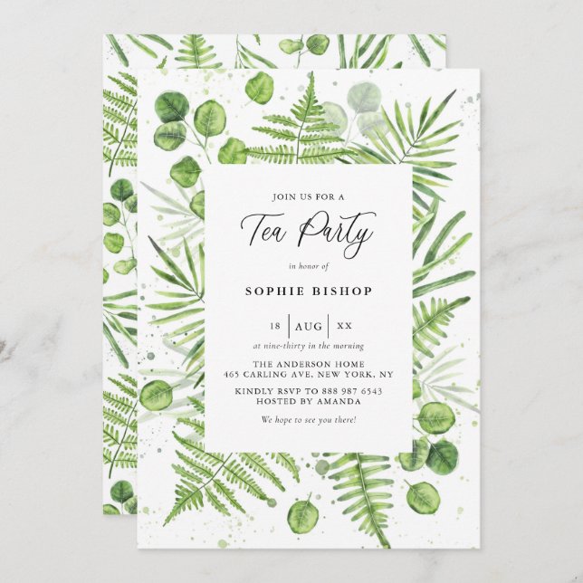 Watercolor Ferns and Eucalyptus Frame Tea Party Invitation (Front/Back)