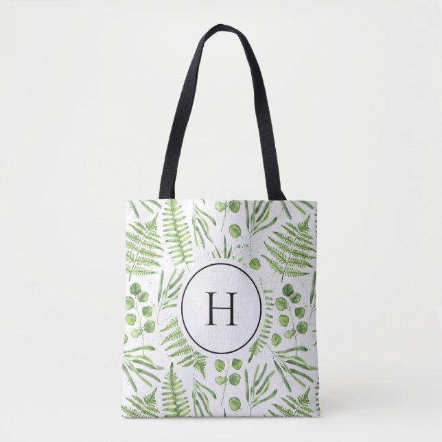 Watercolor Ferns and Eucalyptus Pattern Monogram Tote Bag (Front)