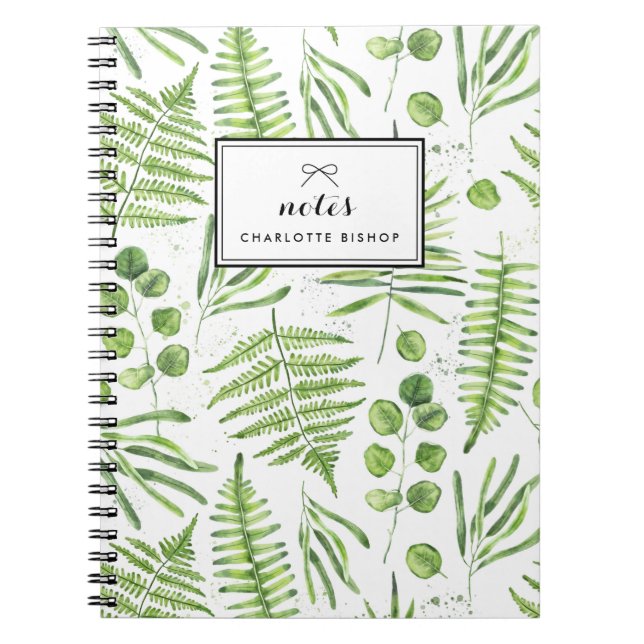 Watercolor Ferns and Eucalyptus Pattern Notebook (Front)