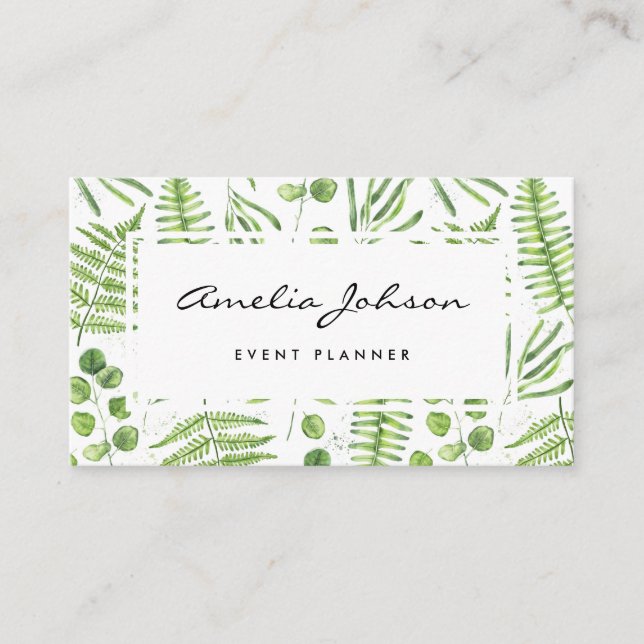 Watercolor Ferns and Eucalyptus Pattern Script Business Card (Front)