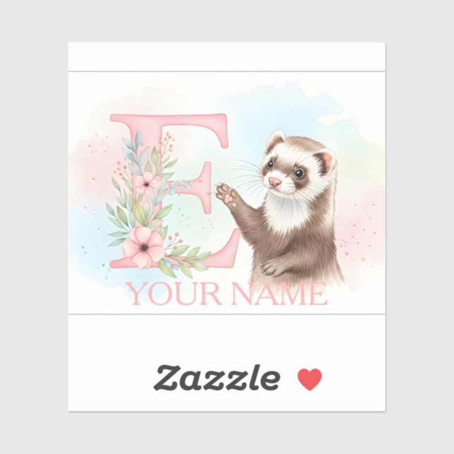 Watercolor Ferret with Floral Letter E Monogram (Sheet)