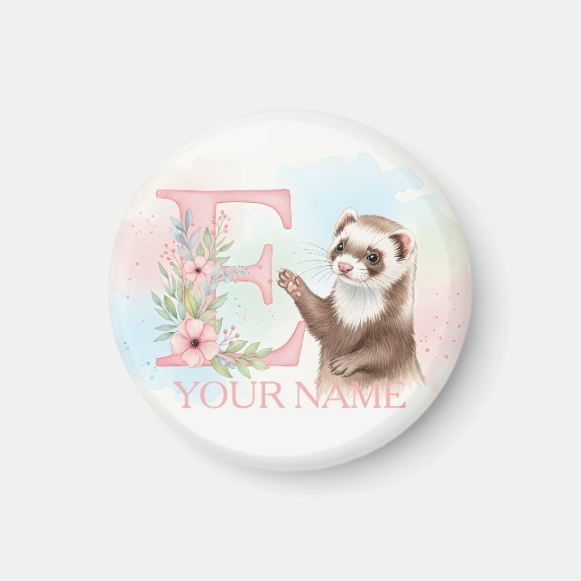 Watercolor Ferret with Floral Letter E Monogram Magnet (Front)