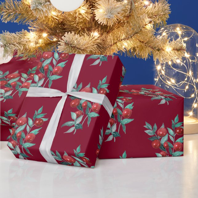 Watercolor Festive Christmas Red Berries Burgundy Wrapping Paper (Holidays)