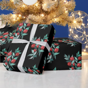 Watercolor Festive Christmas Red Berries on Black Wrapping Paper