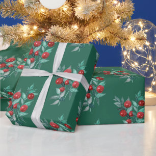 Watercolor Festive Christmas Red Berries on Green Wrapping Paper