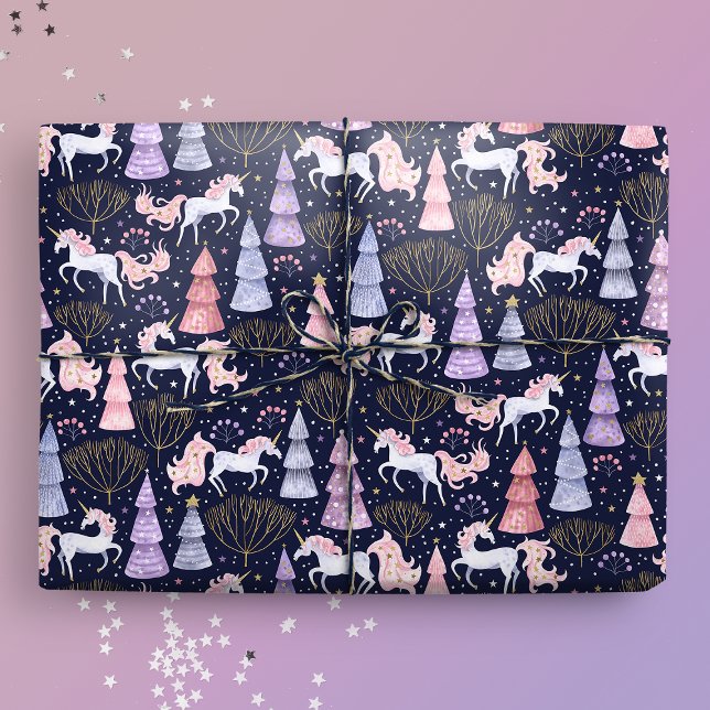 Watercolor Festive Christmas Unicorn Wrapping Paper (Gift Mockup)