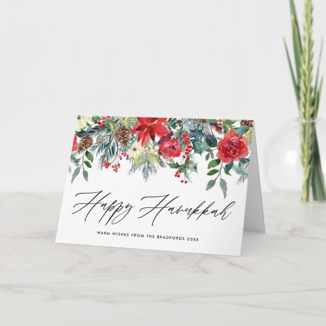 Watercolor Festive Floral Garland Happy Hanukkah Holiday Card (Front)