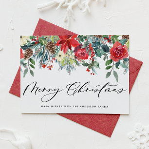 Watercolor Festive Floral Garland Merry Christmas Holiday Card