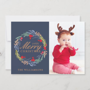 Watercolor Festive foliage Wreath & Fox Photo Holiday Card