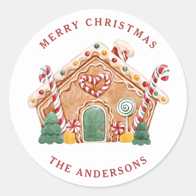Watercolor Festive Gingerbread House Christmas Classic Round Sticker (Front)