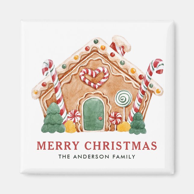 Watercolor Festive Gingerbread House Christmas Magnet (Front)