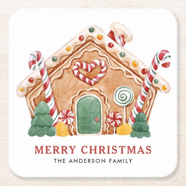 Watercolor Festive Gingerbread House Christmas Square Paper Coaster (Front)
