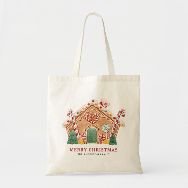 Watercolor Festive Gingerbread House Christmas Tote Bag (Front)