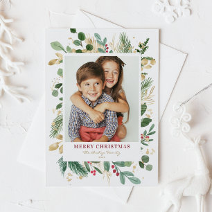 Watercolor Festive Gold Foil Merry Christmas Photo Holiday Postcard