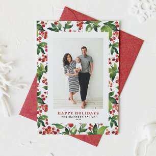 Watercolor Festive Greenery and Winterberry Photo Holiday Card
