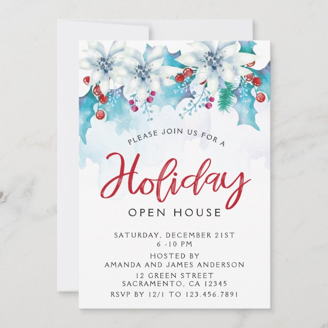 Watercolor Festive Holiday Open House Invitation (Front)