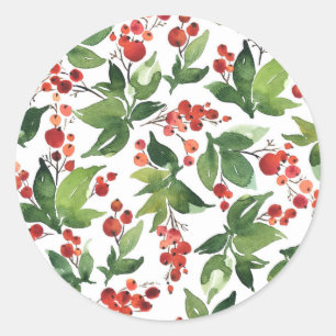Watercolor Festive Holly Pattern Christmas Classic Round Sticker