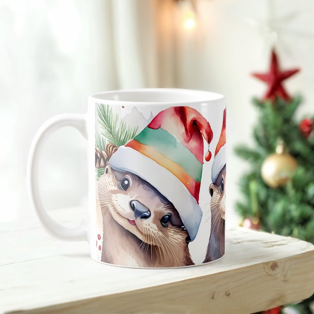 Watercolor Festive Otters Christmas Mug (Creator Uploaded)