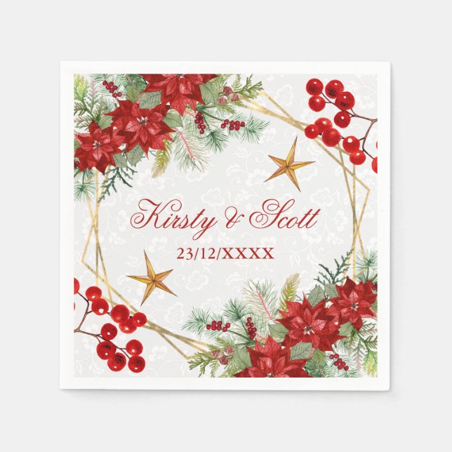 Watercolor Festive Poinsettia Winter Wedding Napkin (Front)